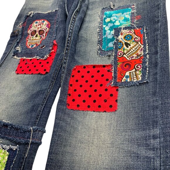 Cat Jack Stretch Jeans Day of the Dead Boho Sugar Skull Patch Red Black Girls 14 - Picture 11 of 12